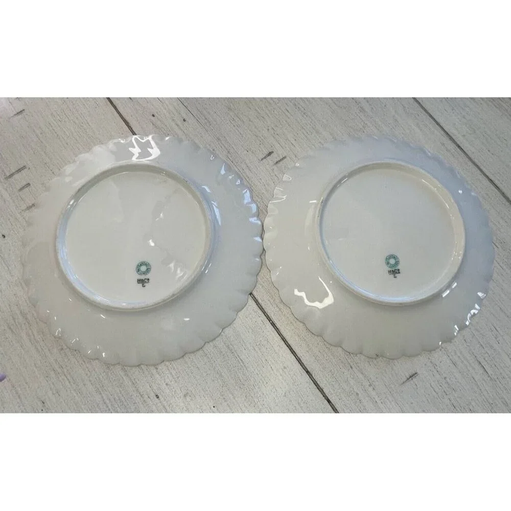 2 Antique Haviland Limoges Salad Plates Brown Gold‎ Yellow Floral Scalloped 8in